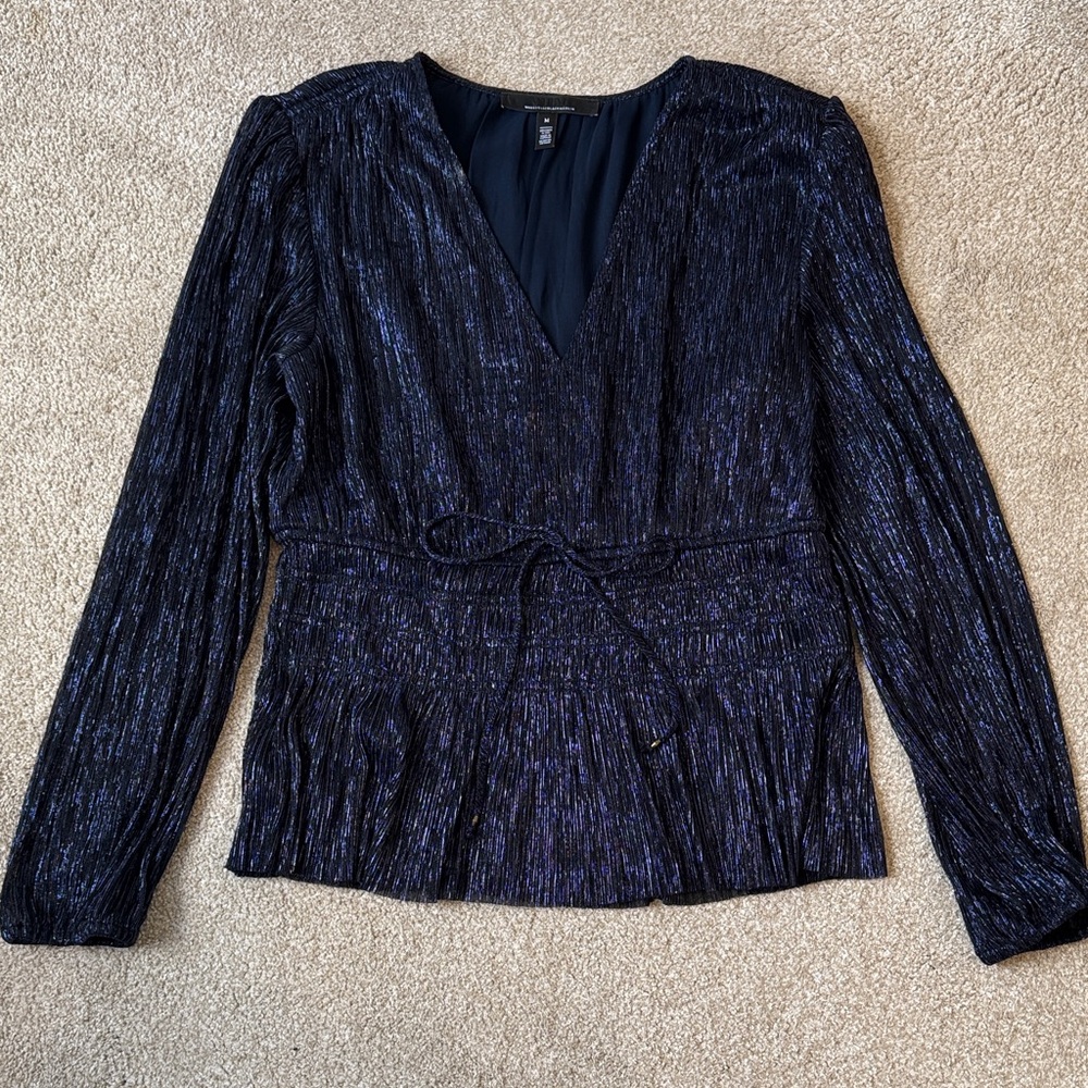 White House Black Market Shimmering Metallic Sparkle Peplum Navy Blouse Women M